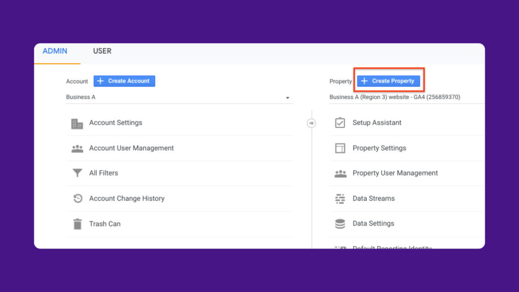 Screenshot of the create account and create property page.