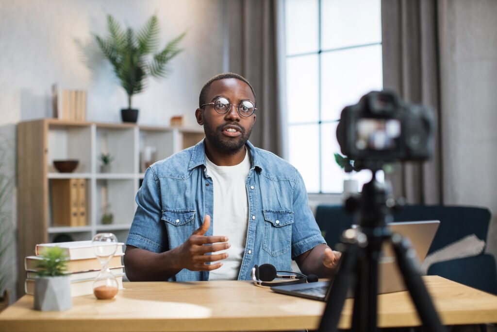 Person telling a story to a camera 