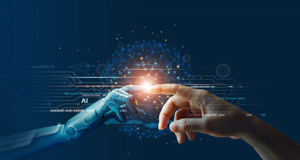 Image of a hand and a robot hand touching to imply losing human touch
