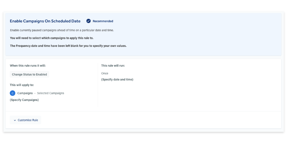 Screenshot of the enable campaigns on a scheduled date rule 
