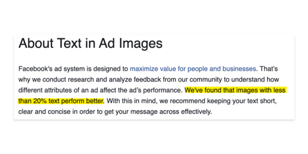 a screenshot of Facebook's about text in ad images copy with the text "We've found that images with less than 20% text perform better." highlighted. 