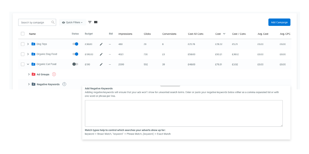 Add negative keywords to campaigns or ad groups inside Adzooma