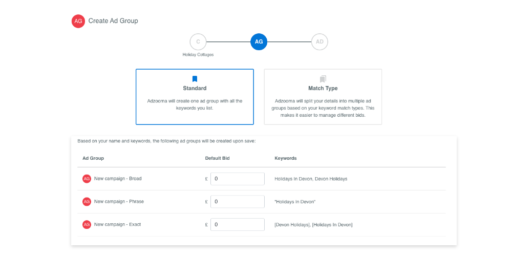 automatically create ad groups based on keyword match type in Adzoooma