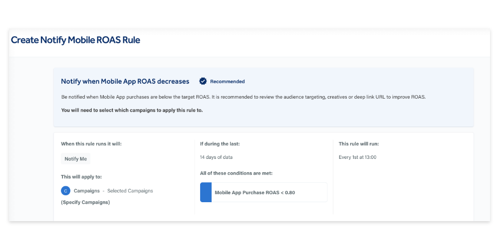 Notify when mobile app ROAS decreases rule in Adzooma. 